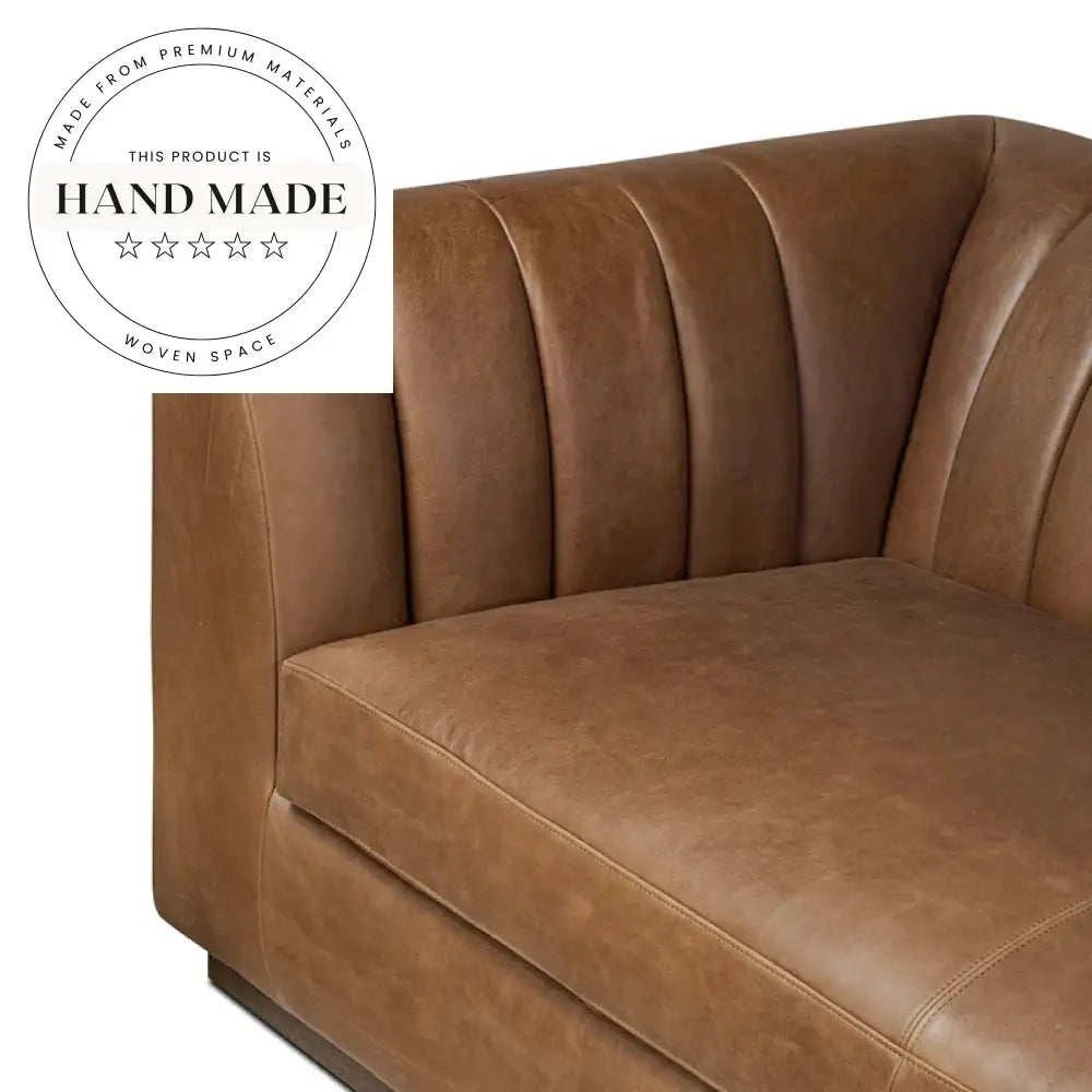 Retro Brown Genuine Leather Padded Wood Base Sectional Sofa