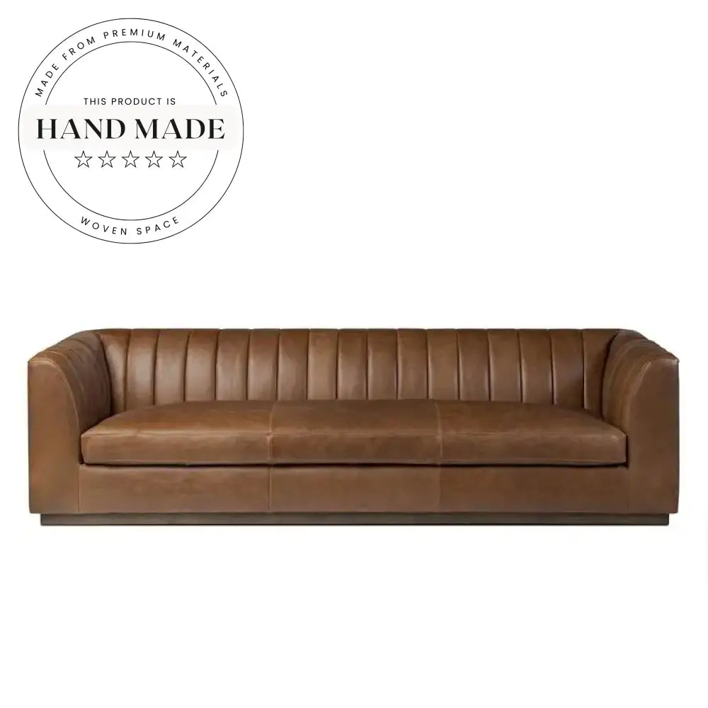 Retro Brown Genuine Leather Padded Wood Base Sectional Sofa