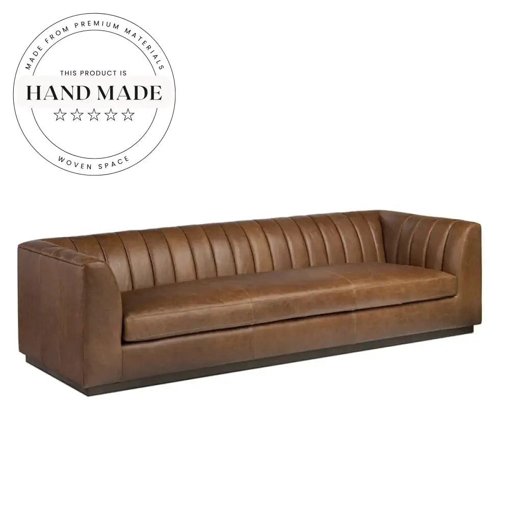 Retro Brown Genuine Leather Padded Wood Base Sectional Sofa