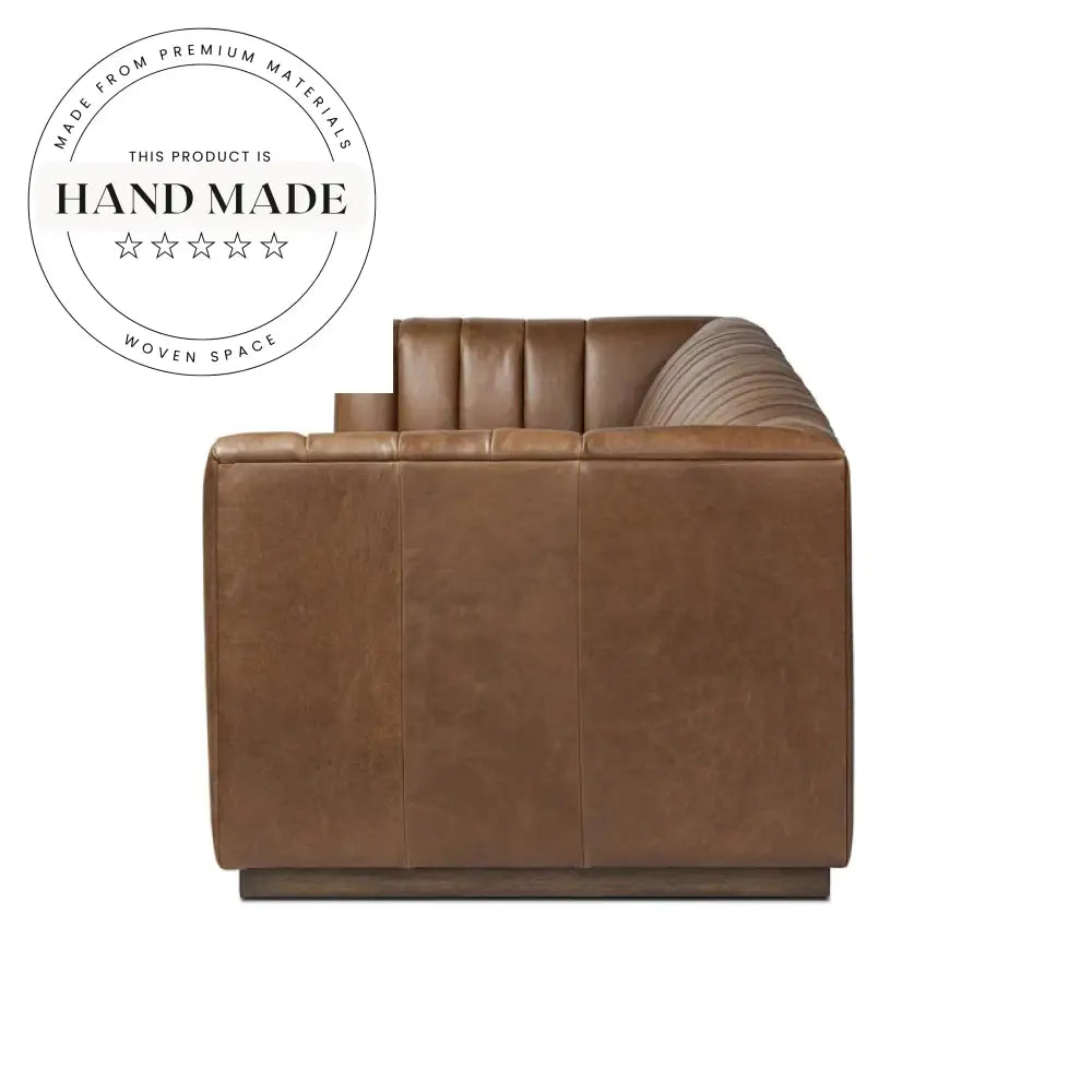Retro Brown Genuine Leather Padded Wood Base Sectional Sofa
