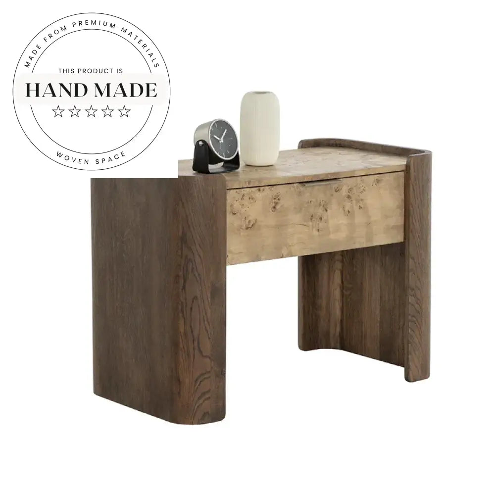 Retro Burr Wood Modern One Drawer Natural Storage Bedside Table