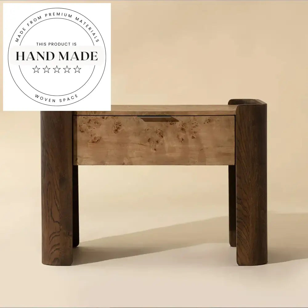 Retro Burr Wood Modern One Drawer Natural Storage Bedside Table