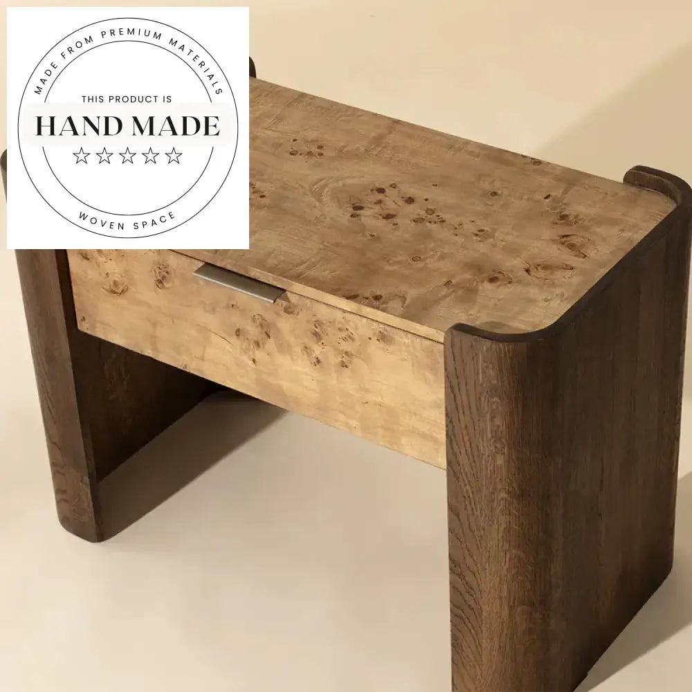 Retro Burr Wood Modern One Drawer Natural Storage Bedside Table