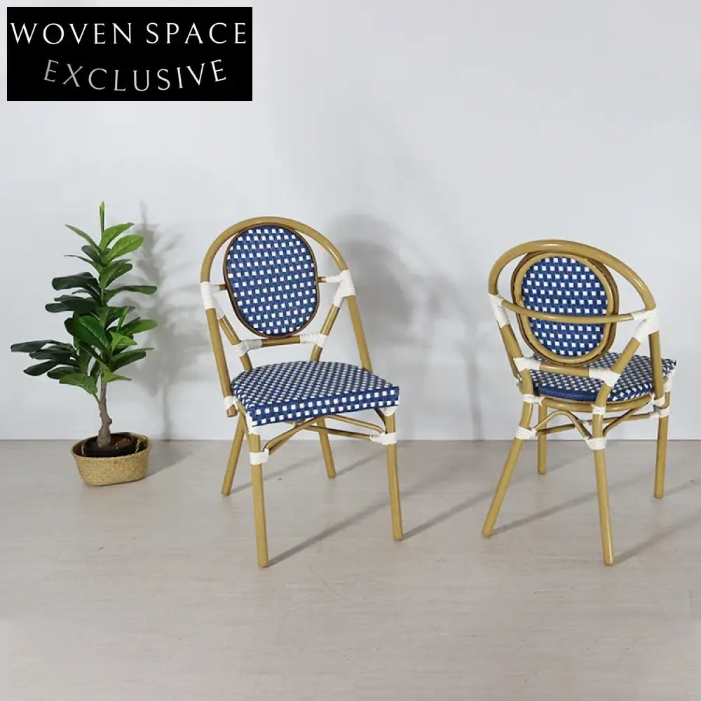 Retro French Bistro Outdoor Garden Blue Plastic Wicker Dining Chair