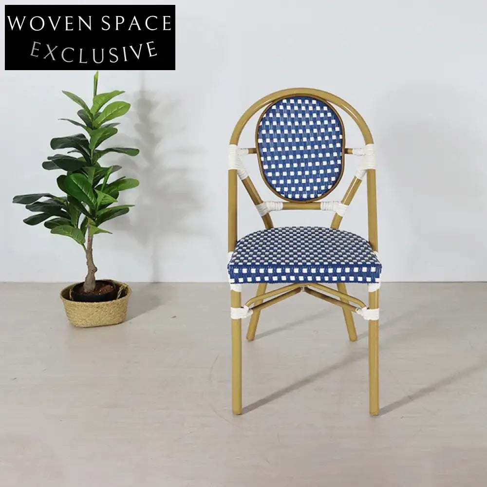 Retro French Bistro Outdoor Garden Blue Plastic Wicker Dining Chair