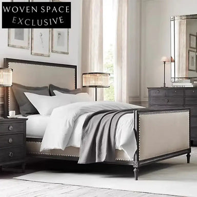 Retro French Design Solid Oak Wood Fabric High Headboard King Bed Frame