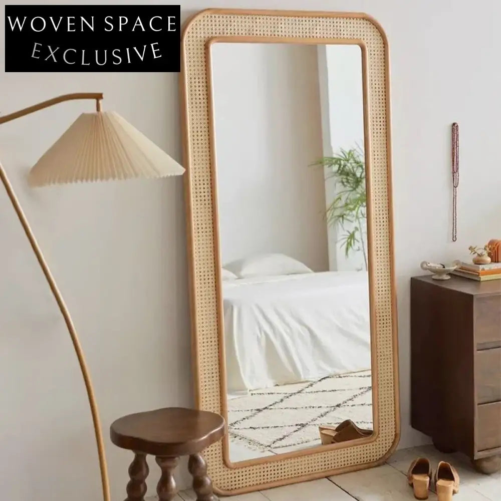 Retro Natural Rattan Full Length Decorative Standing Floor Mirror