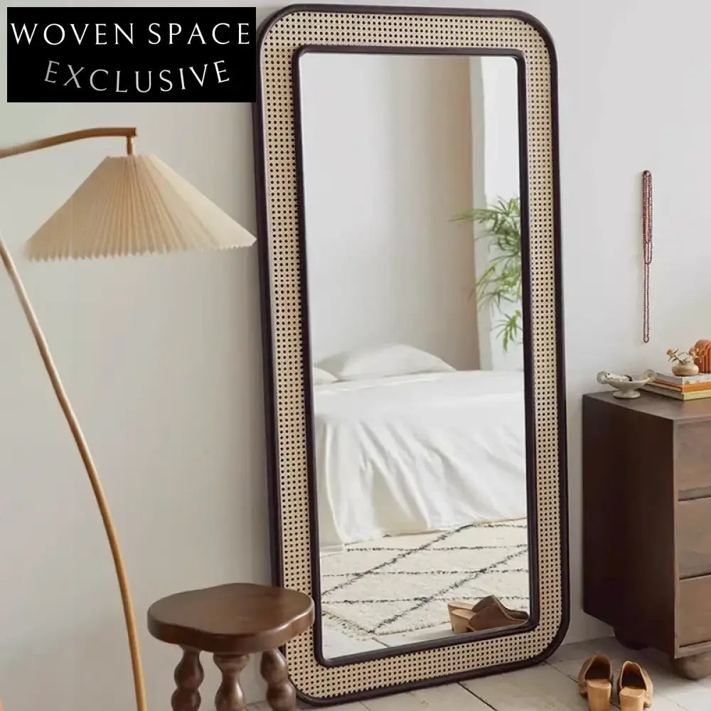 Retro Natural Rattan Full Length Decorative Standing Floor Mirror