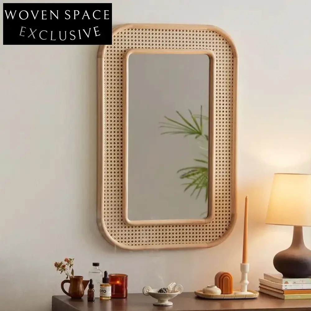 Retro Natural Rattan Full Length Decorative Standing Floor Mirror