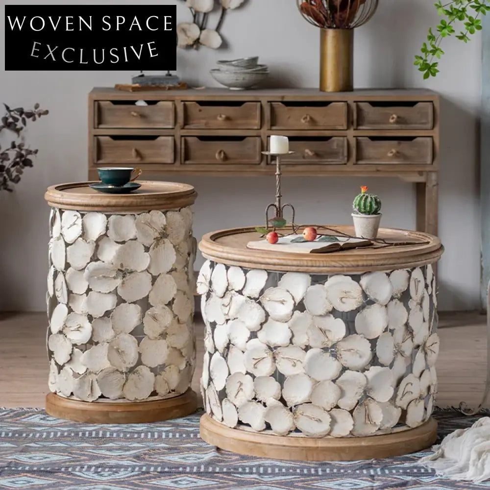 Retro Round Solid Wood & Wrought Iron Side Coffee Table for Living Room