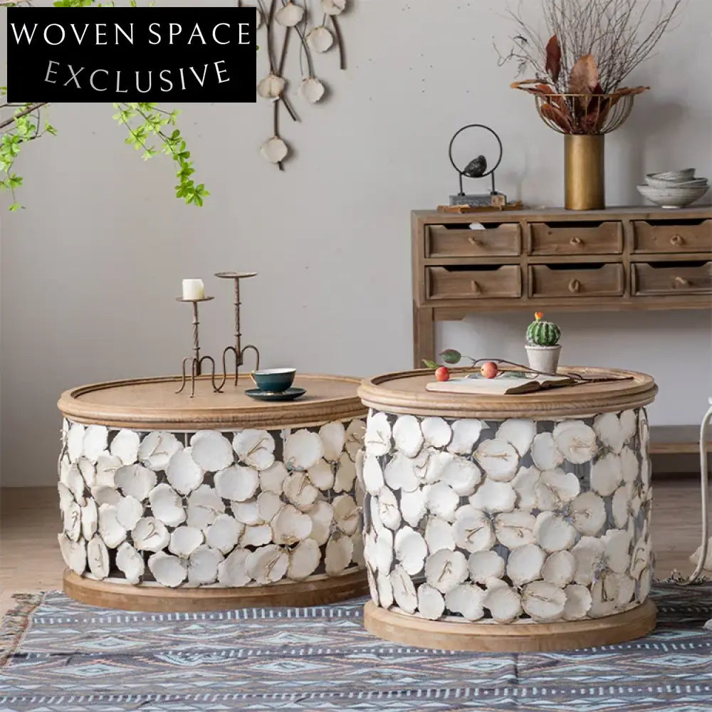 Retro Round Solid Wood & Wrought Iron Side Coffee Table for Living Room