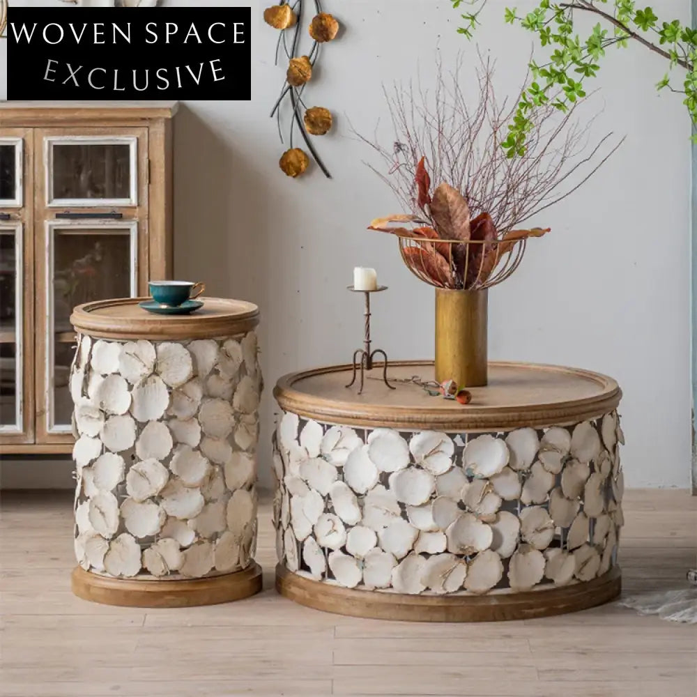 Retro Round Solid Wood & Wrought Iron Side Coffee Table for Living Room