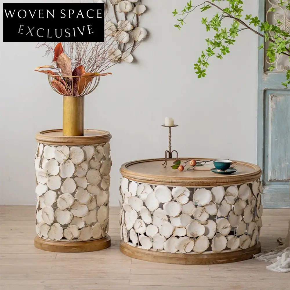 Retro Round Solid Wood & Wrought Iron Side Coffee Table for Living Room