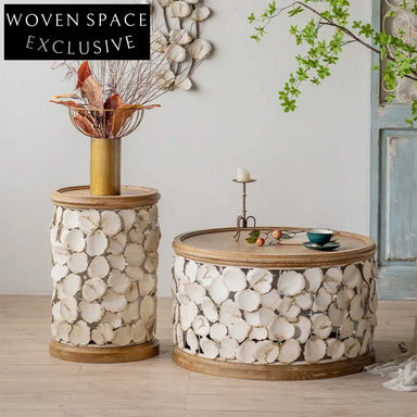 Retro Round Solid Wood & Wrought Iron Side Coffee Table for Living Room