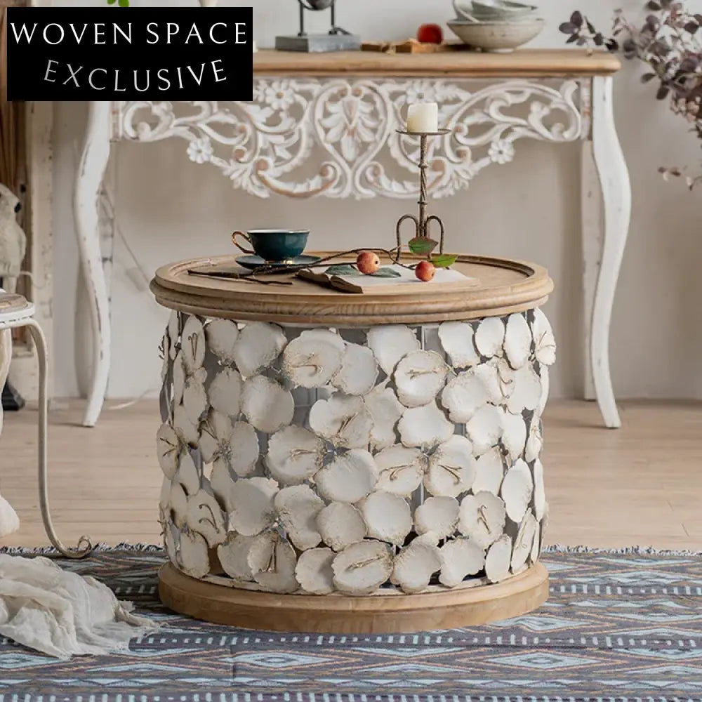 Retro Round Solid Wood & Wrought Iron Side Coffee Table for Living Room