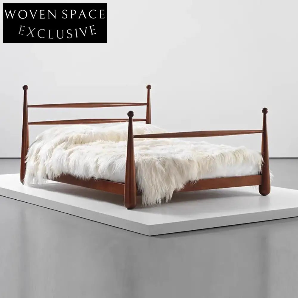 Retro Solid Wood King Size Walnut Finish Double Bed Frame