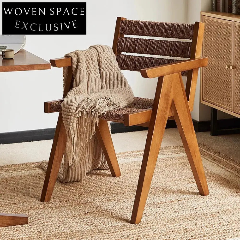 Retro Style Solid Ash Wood Rattan Arm Dining Chair for Kitchen