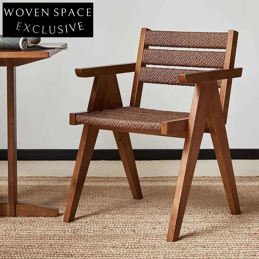 Retro Style Solid Ash Wood Rattan Arm Dining Chair for Kitchen