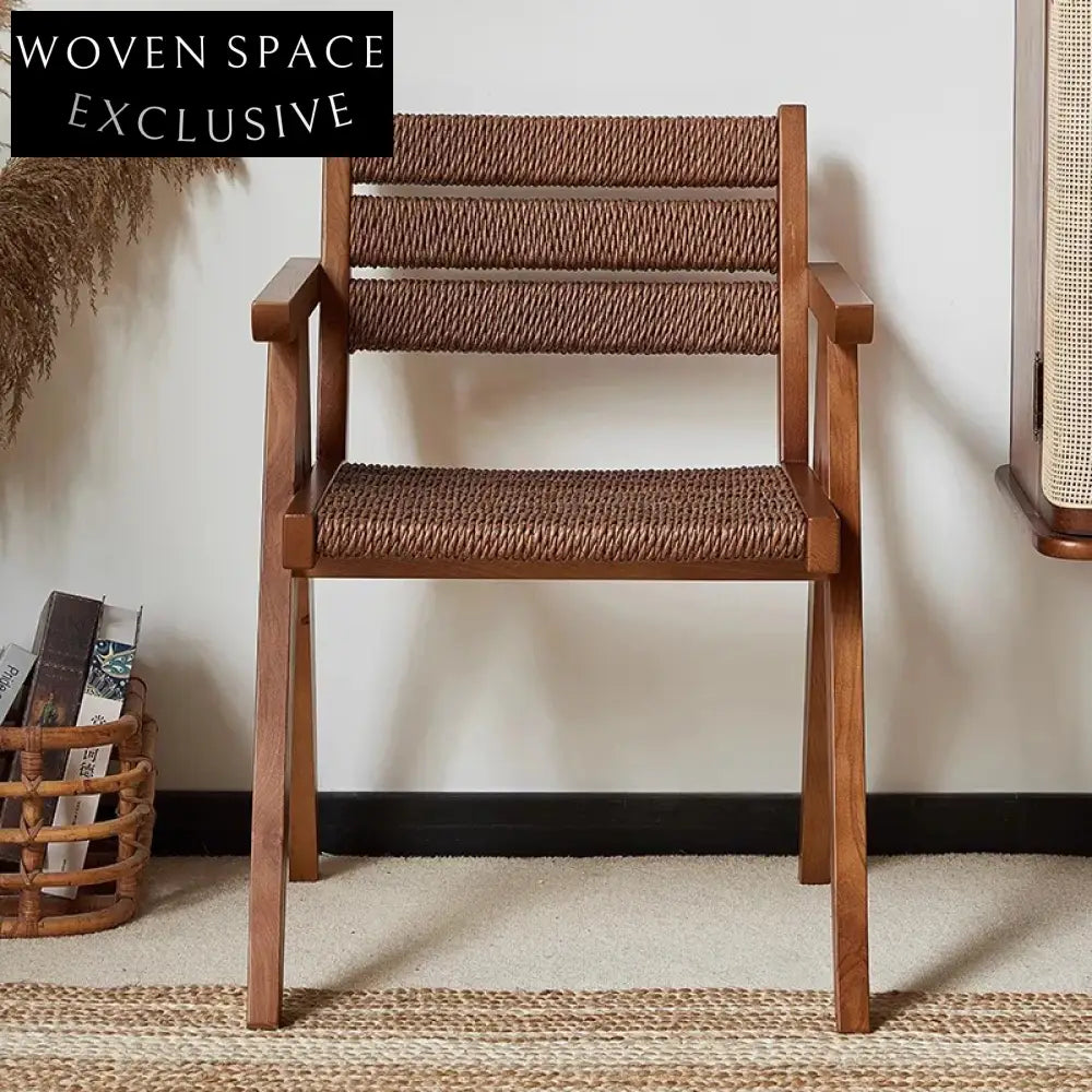 Retro Style Solid Ash Wood Rattan Arm Dining Chair for Kitchen