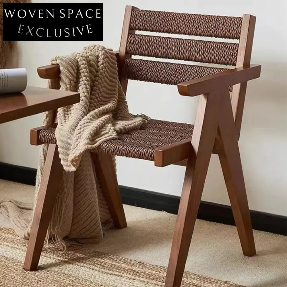 Retro Style Solid Ash Wood Rattan Arm Dining Chair for Kitchen