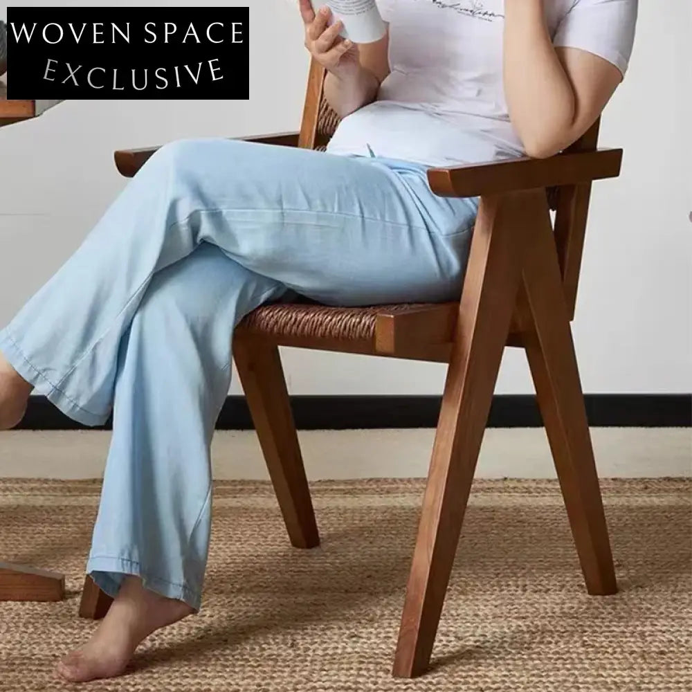 Retro Style Solid Ash Wood Rattan Arm Dining Chair for Kitchen