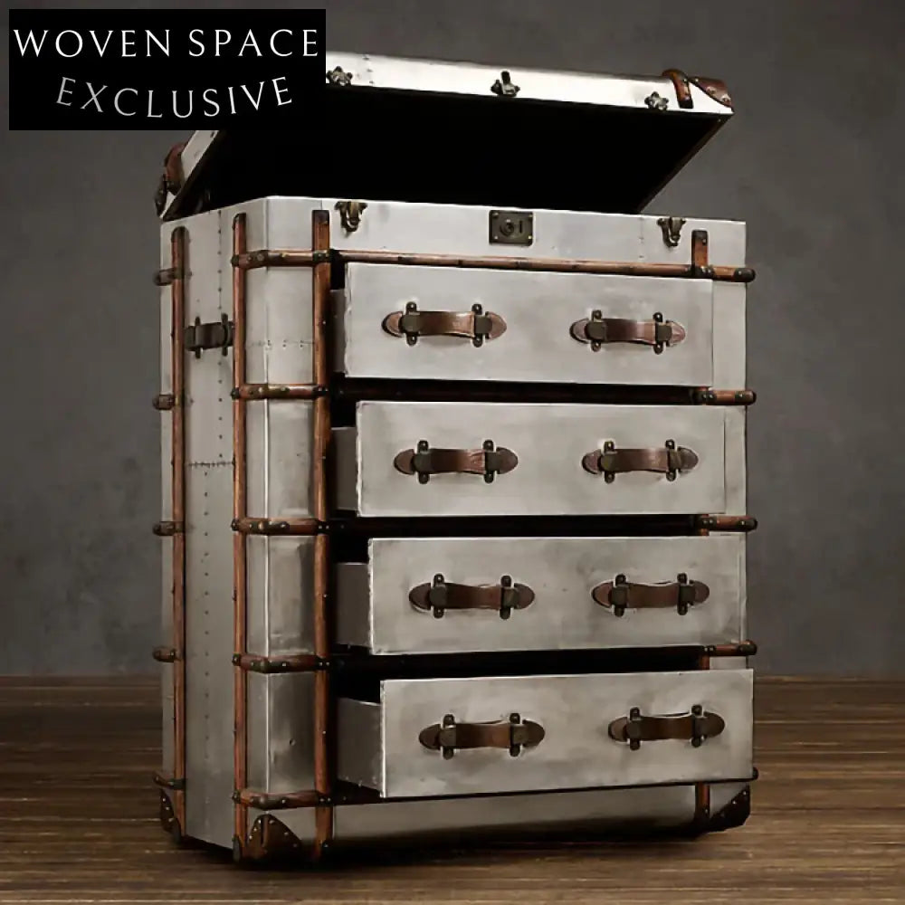 Retro Vintage Wooden Storage Cabinet Chest with Aluminum Accents