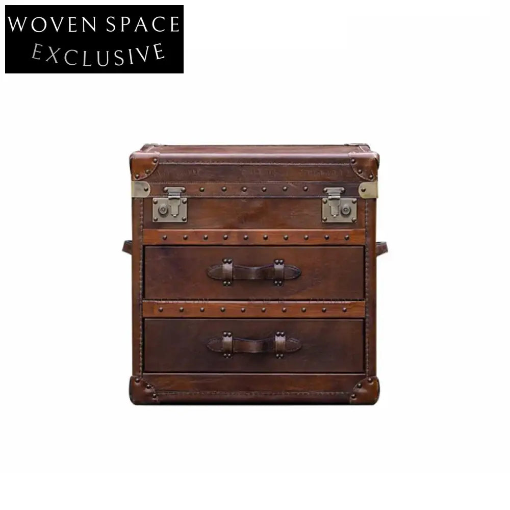 Rich Brown Vintage Pine Wood & Leather Bedroom Nightstand Bedside Cabinet