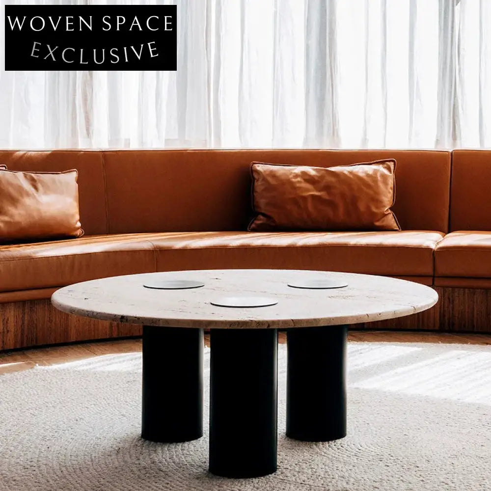 Round Natural Travertine Top Coffee Table with Metal Base, Modern Minimalist Style