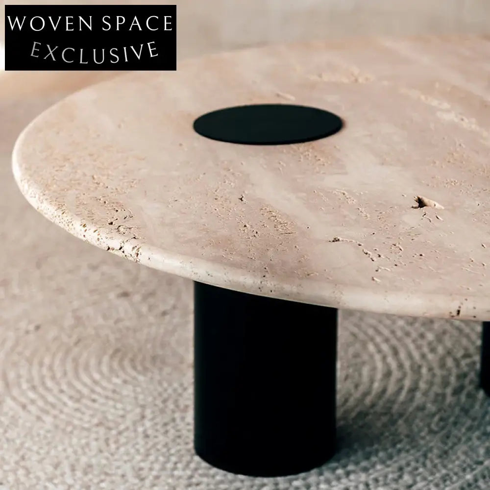Round Natural Travertine Top Coffee Table with Metal Base, Modern Minimalist Style