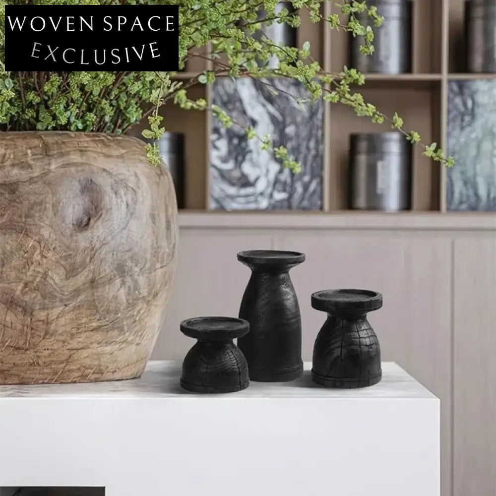 Rustic Wabi Sabi Solid Wood Elegant Candlestick Set for Home Decor