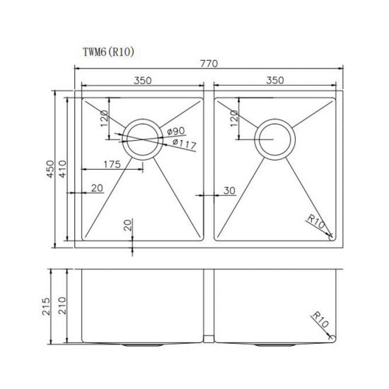 770x450x215mm 1.2mm Handmade Top/Undermount Double Bowls Kitchen Sink