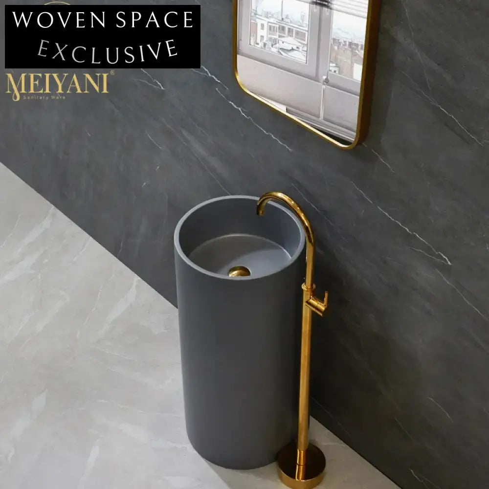 Sleek Grey Round Pedestal Solid Surface Bathroom Wash Basin Fixture