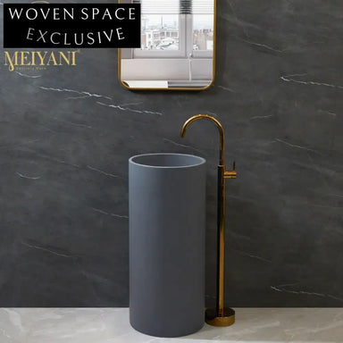 Sleek Grey Round Pedestal Solid Surface Bathroom Wash Basin Fixture