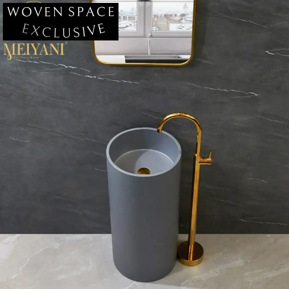 Sleek Grey Round Pedestal Solid Surface Bathroom Wash Basin Fixture