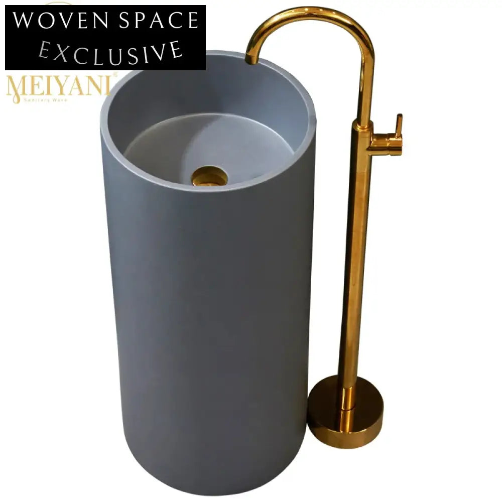 Sleek Grey Round Pedestal Solid Surface Bathroom Wash Basin Fixture