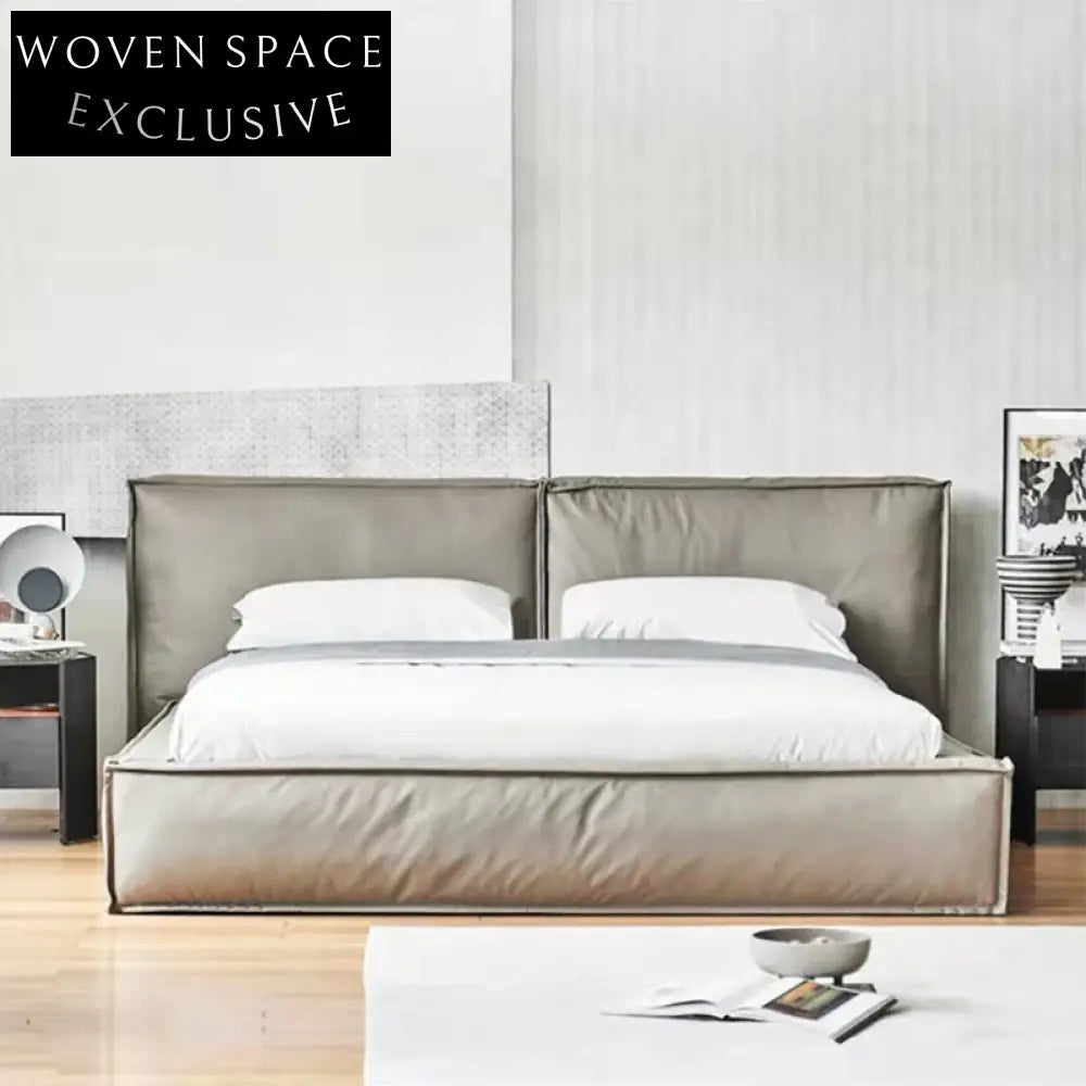 Sleek Italian Modern Microfiber Leather Solid Wood Rectangle Double Bed