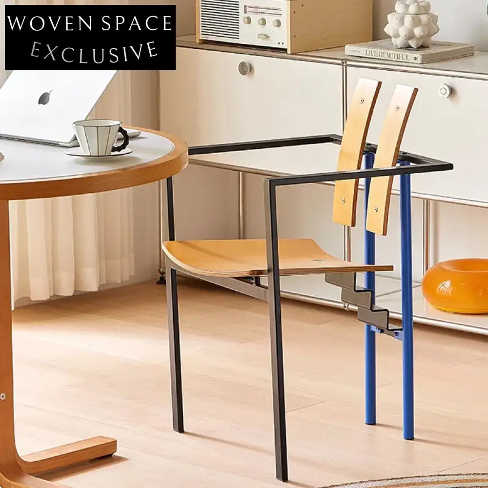 Sleek Metal Dining Chair, Nordic Wood Back, Comfortable Leather Seat, Home Restaurant Chair