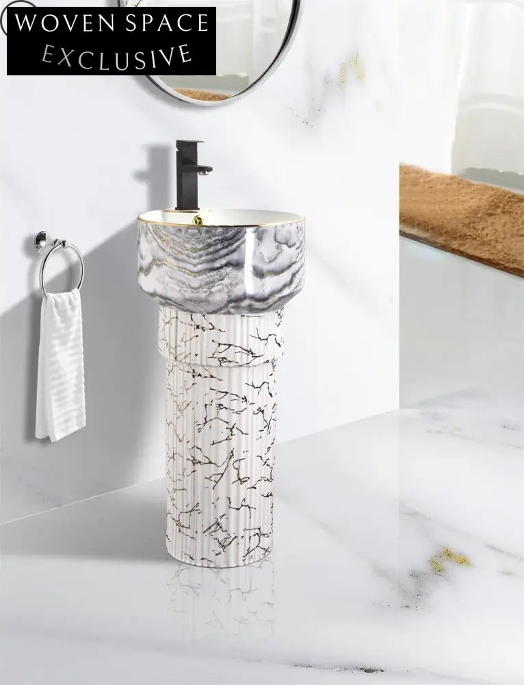 Sleek Modern Ceramic Pedestal Sink, Floor Mounted Bathroom Wash Basin