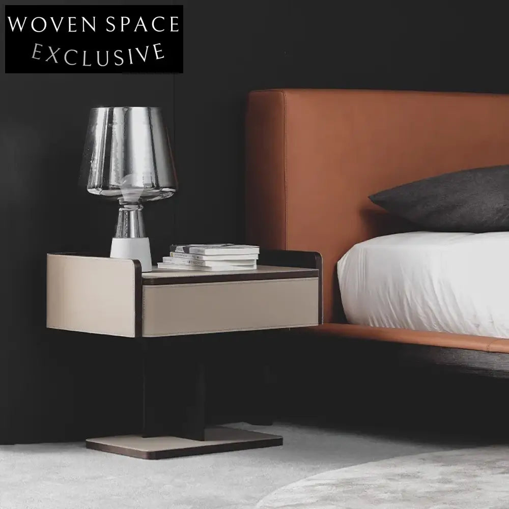 Sleek Modern Minimalist Saddle Leather Nightstand with Metal Legs, Bedside Table