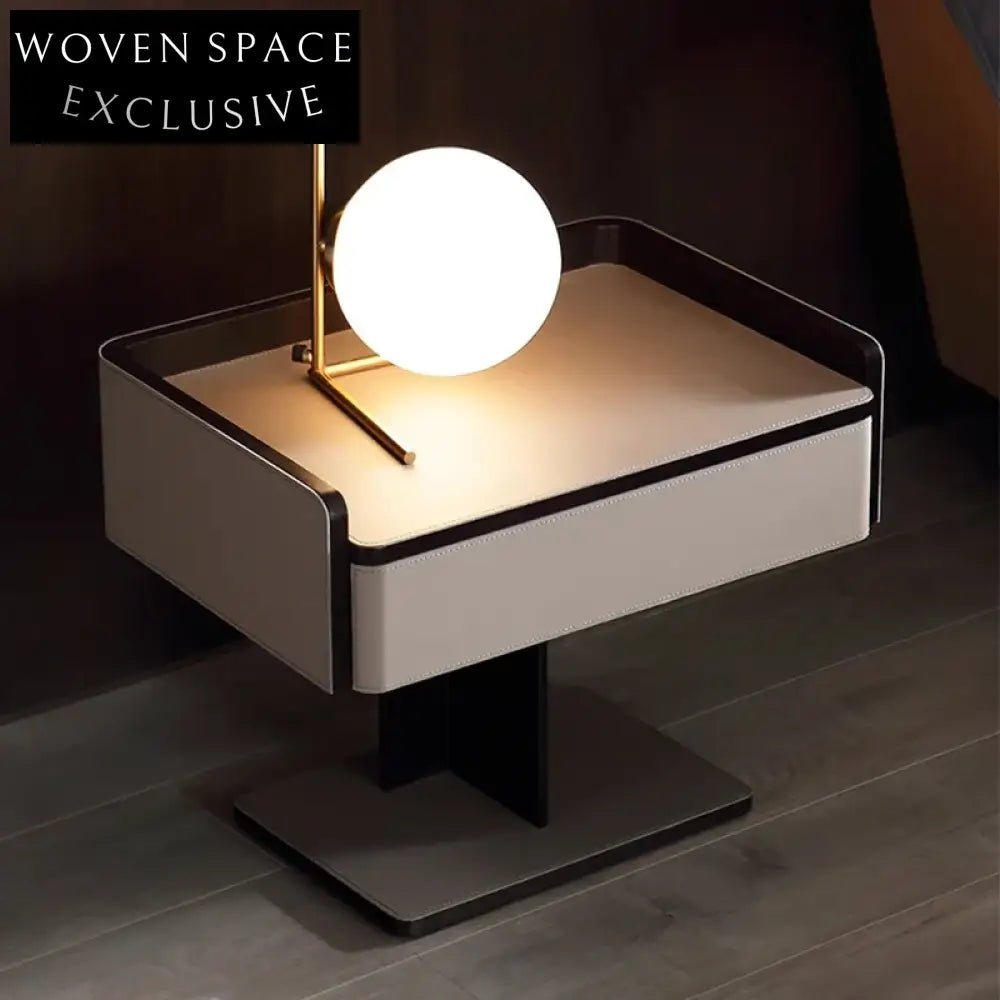 Sleek Modern Minimalist Saddle Leather Nightstand with Metal Legs, Bedside Table