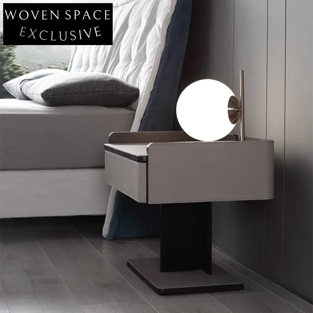 Sleek Modern Minimalist Saddle Leather Nightstand with Metal Legs, Bedside Table
