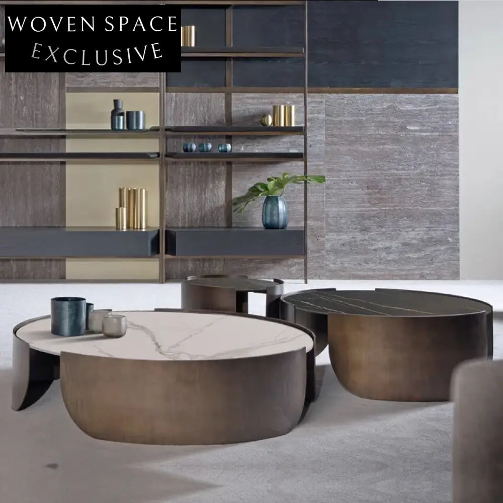 Sleek Modern Minimalist Stainless Steel Base Round Living Room Coffee Table