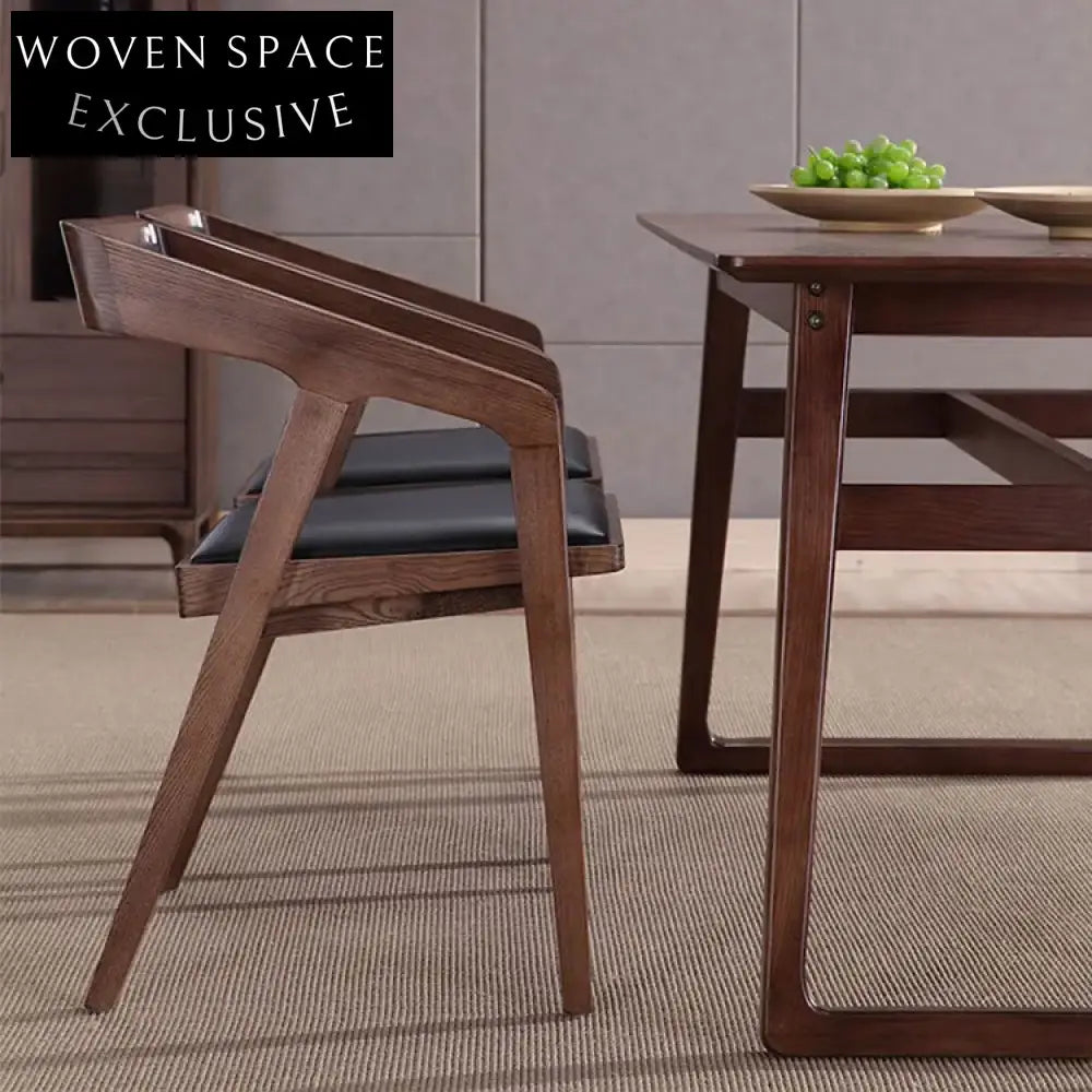 Sleek Modern Nordic Upholstered Leather Wood Armrest Dining Chair