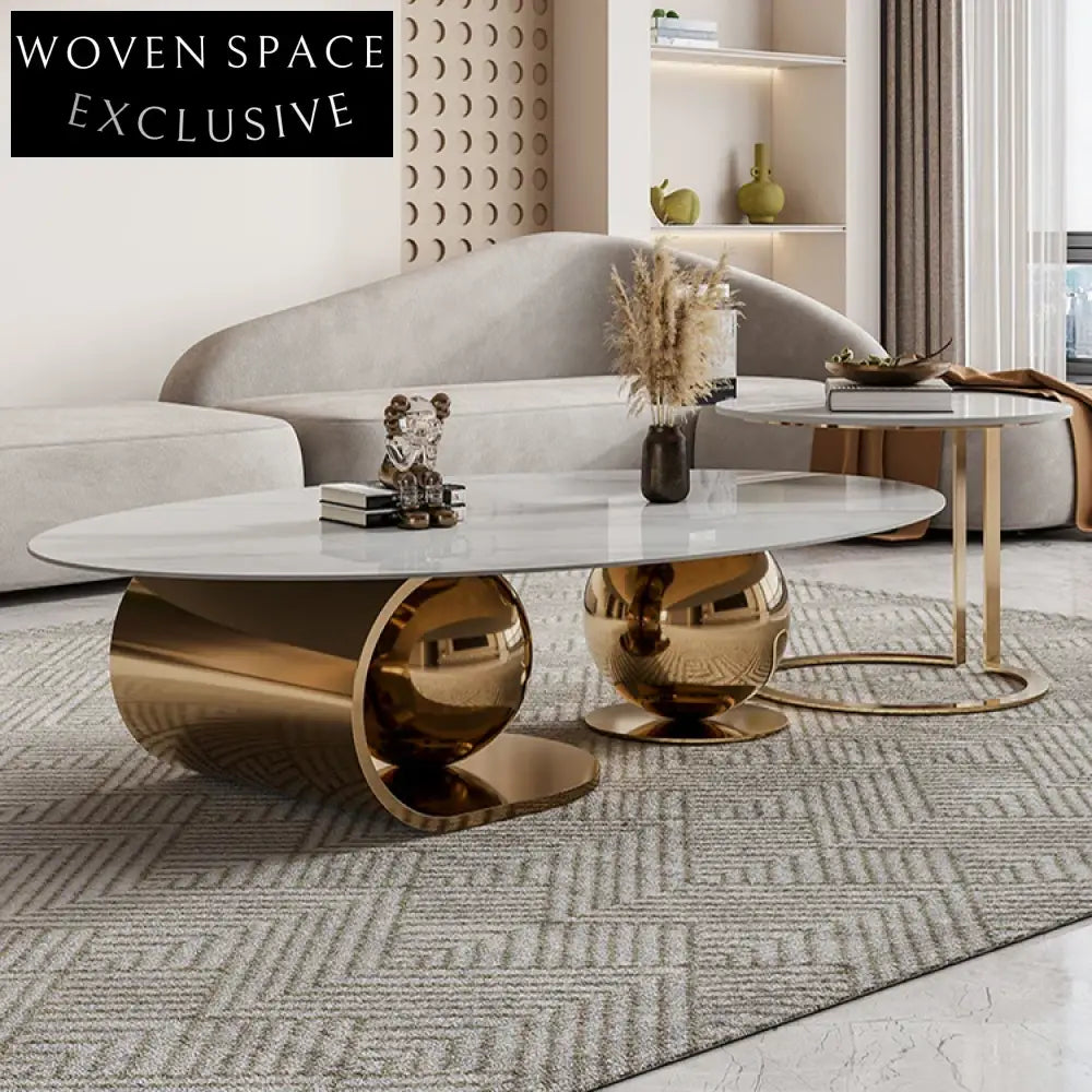 Sleek Modern Sintered Stone Oval Coffee Table with Gold Stainless Steel Base