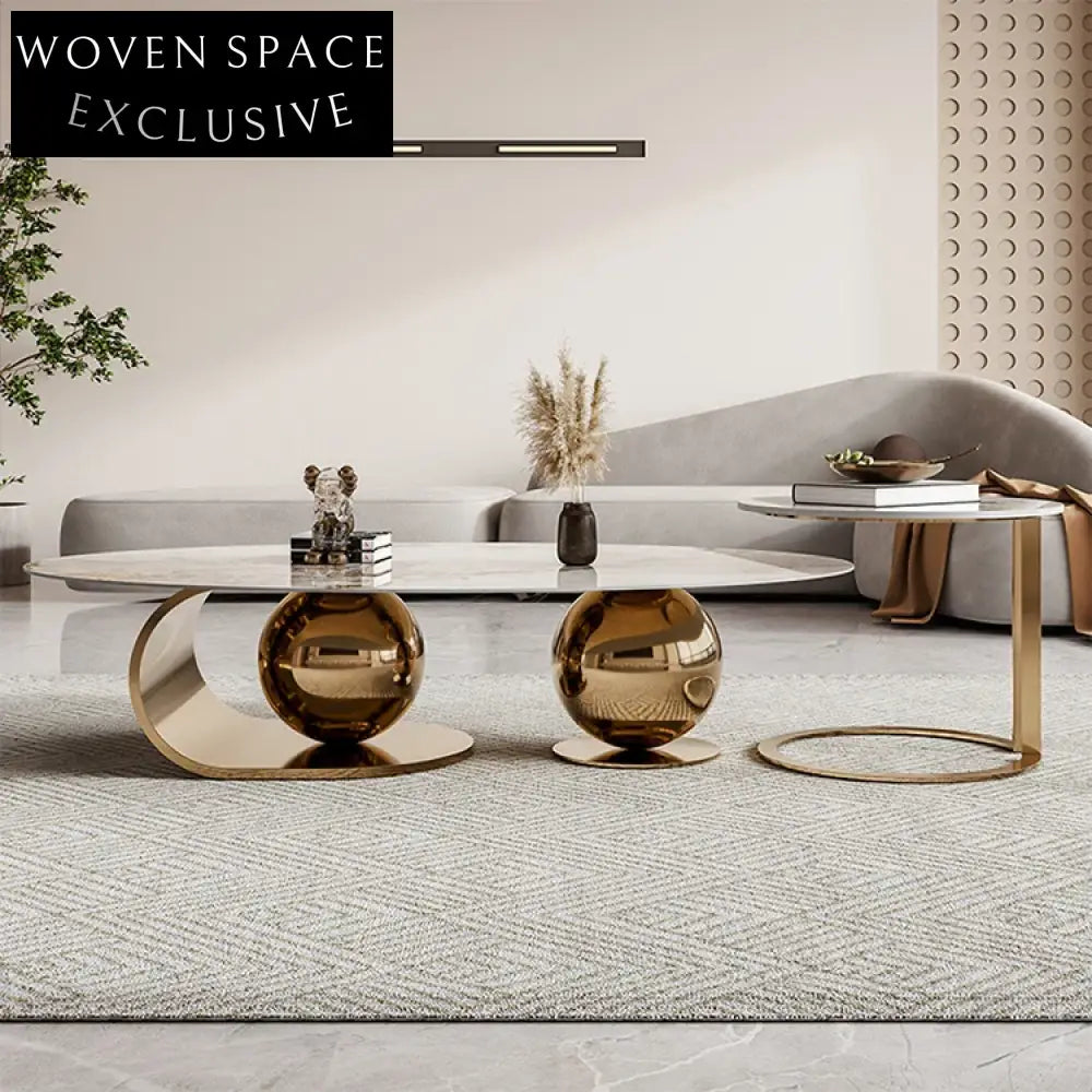 Sleek Modern Sintered Stone Oval Coffee Table with Gold Stainless Steel Base