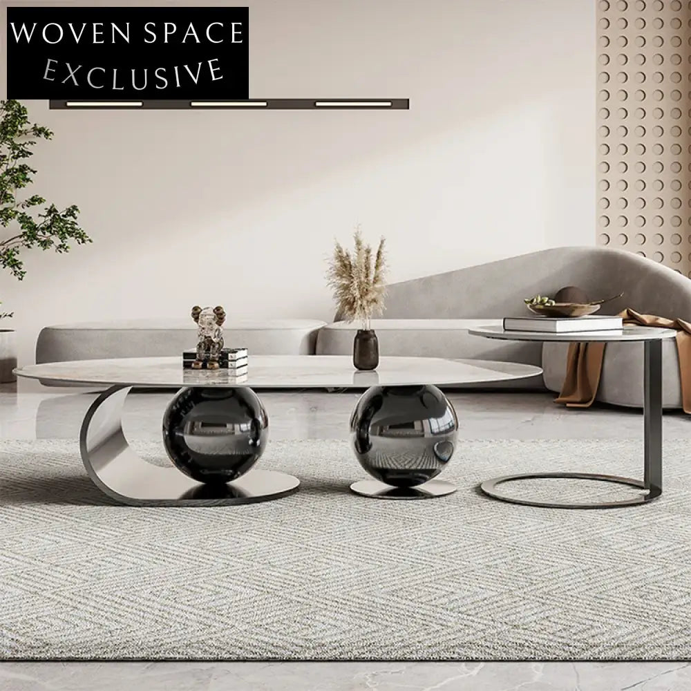 Sleek Modern Sintered Stone Oval Coffee Table with Gold Stainless Steel Base