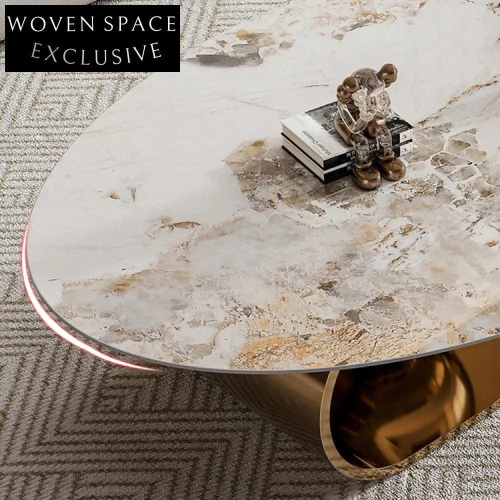 Sleek Modern Sintered Stone Oval Coffee Table with Gold Stainless Steel Base