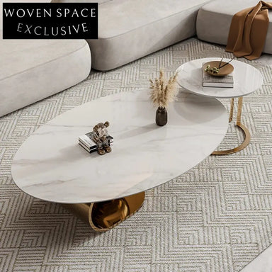 Sleek Modern Sintered Stone Oval Coffee Table with Gold Stainless Steel Base
