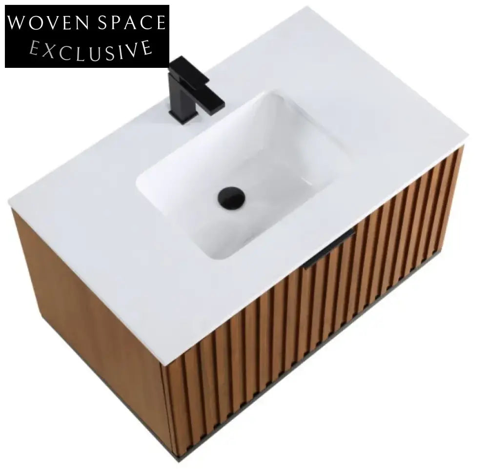 Sleek Modern Wall Hung Bathroom Vanity Cabinet with Wood Veneer Finish