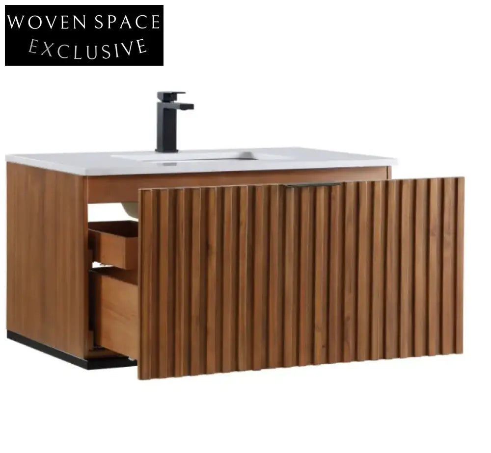 Sleek Modern Wall Hung Bathroom Vanity Cabinet with Wood Veneer Finish